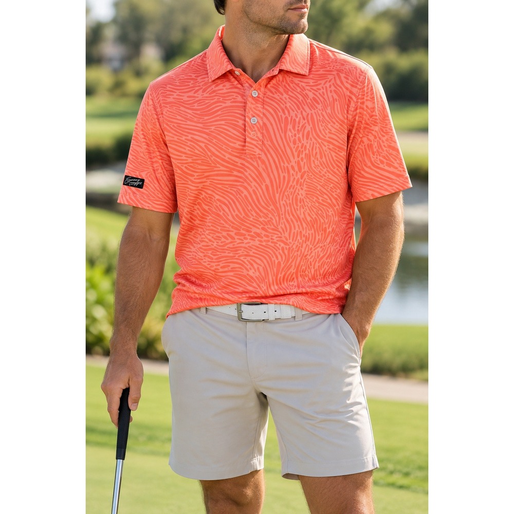 Sunday Swagger Mens XL Golf Polo Shirt Orange Coral Abstract Print Short Sleeve